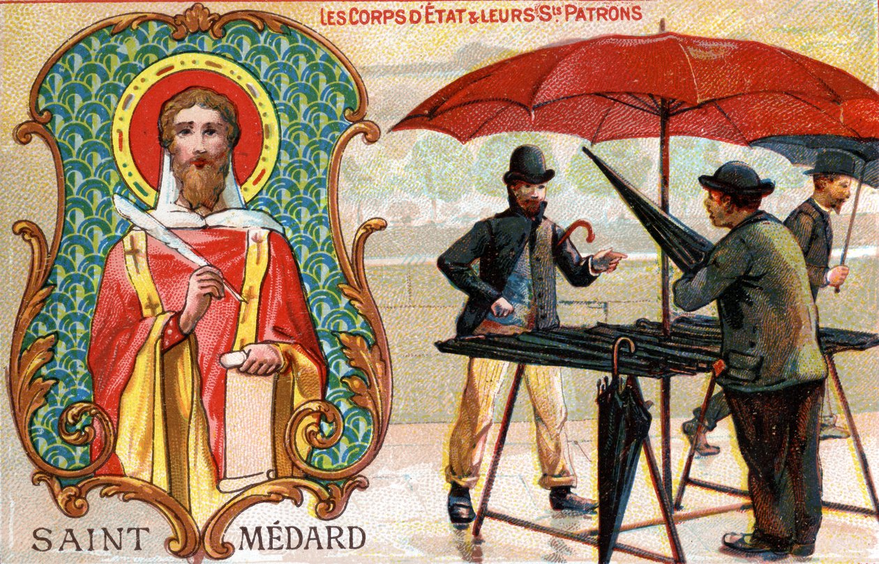 Św. Médard, patron sprzedawców parasolek, ok. 1910 r. (litografia kolorowa) autorstwa French School