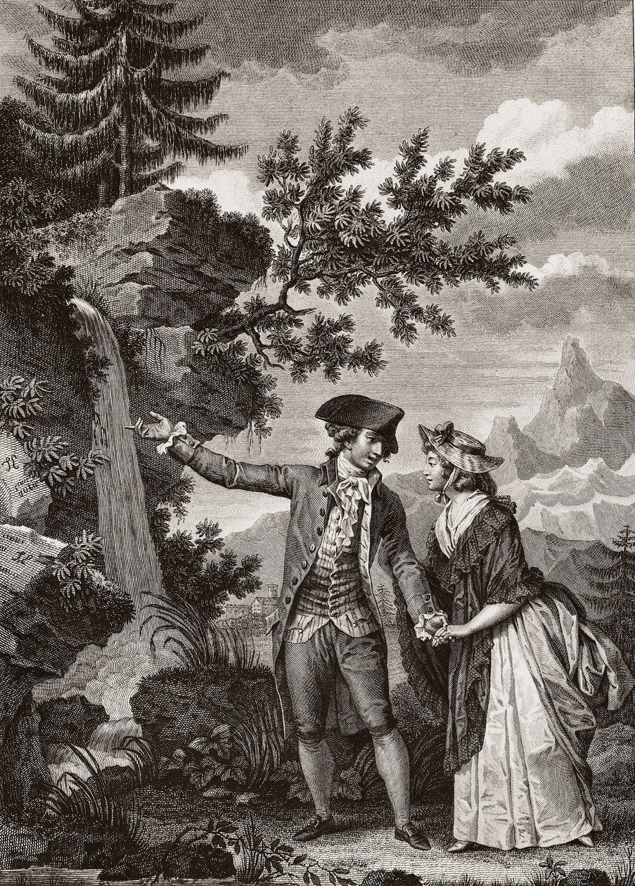 Grawerowanie Saint Preux i Julia z 1793 roku dla „Julie ou la nouvelle Heloise” autorstwa szwajcarskiego filozofa Jeana Jacquesa (Jean-Jacques) Rousseau (1712-1778) - Julia i Saint-Preux, ilustracja z „La Nouvelle Heloise” autorstwa Jean-Jacques Rousseau ( autorstwa French School