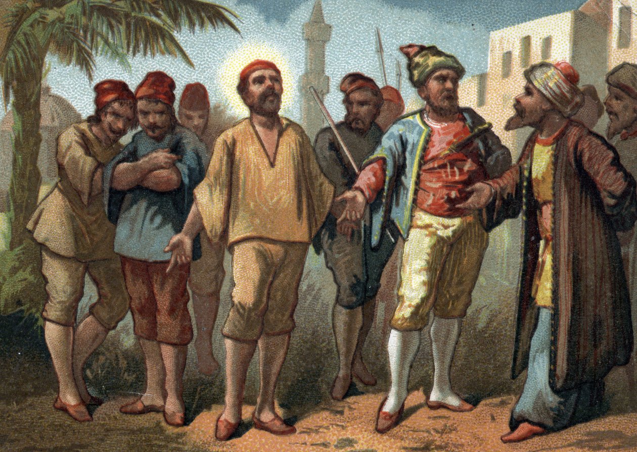 Święty Wincenty a Paulo (1581-1660), ksiądz został schwytany przez tureckich piratów, którzy sprzedali go jako niewolników w Tunisie. Chromolitografia z końca XIX wieku. autorstwa French School