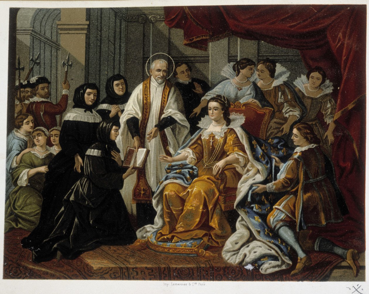 Święty Wincenty a Paulo przedstawia Annie Austriaczce pierwsze Siostry Miłosierdzia (zwane także „Siostrami św. Wincentego a Paulo”) - z obrazu z XVIII wieku. autorstwa French School