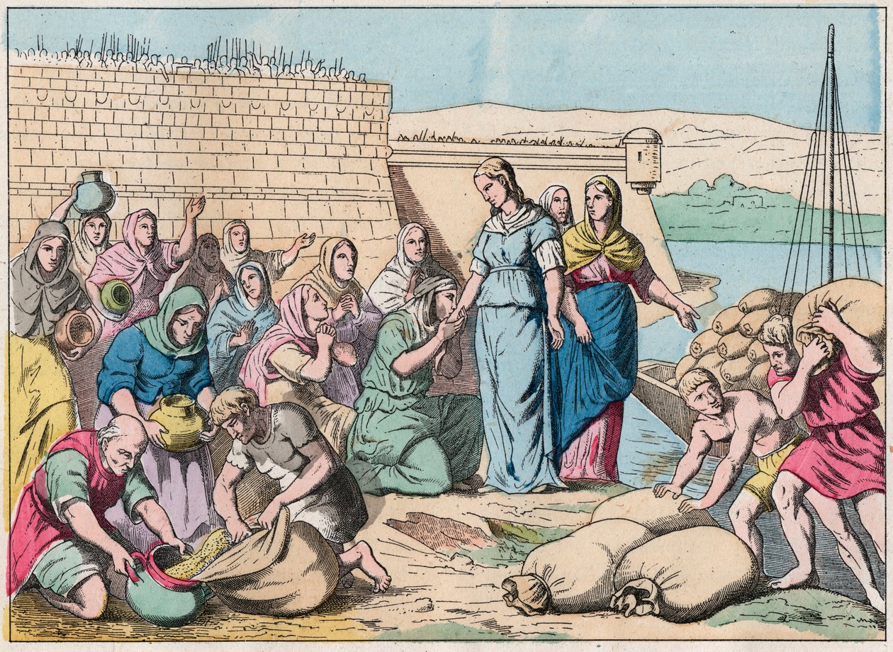 Sainte Genevieve rozdaje ludziom żywność podczas oblężenia Paryża przez armię Hunów Attyli w 451 (najazdy barbarzyńców) - Sainte Genevieve i lud Paryża - Rycina z końca XIX wieku w „Nos Gires Nationales - Zdjęcia autorstwa French School