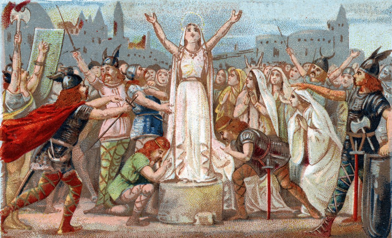 Sainte Genevieve, zorganizowała obronę Paryża przed hordami Hunów Attyli i uspokoiła mieszkańców Paryża w 451. Chromolitografia z końca XIX wieku. autorstwa French School