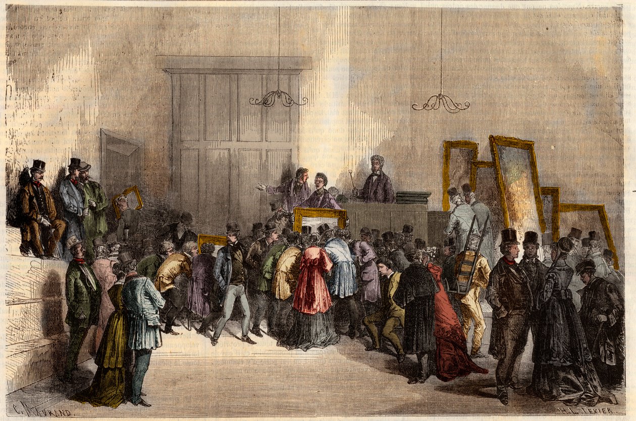 Sprzedaż obrazów w hotelu licytatorów w Paryżu w 1868 r. Grawer w „”L