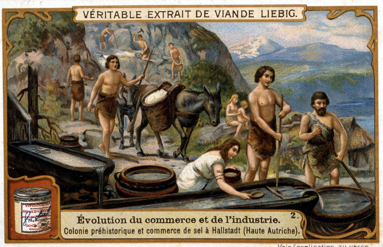 Handel solą w Górnej Austrii w czasach prehistorycznych w Hallstadt - chromo. Liébig autorstwa French School