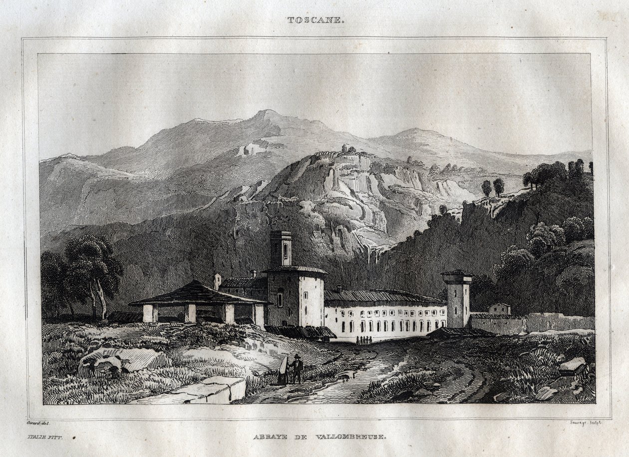 Opactwo benedyktyńskie Santa Maria di Vallombrosa położone w gminie Reggello, w Toskanii - Opactwo Vallombrosa - Rycina z „” Malownicze Włochy”” – Historyczne i opisowe malarstwo Włoch”” M. de Norvins, Ch. Nodier 1834-1836. autorstwa French School