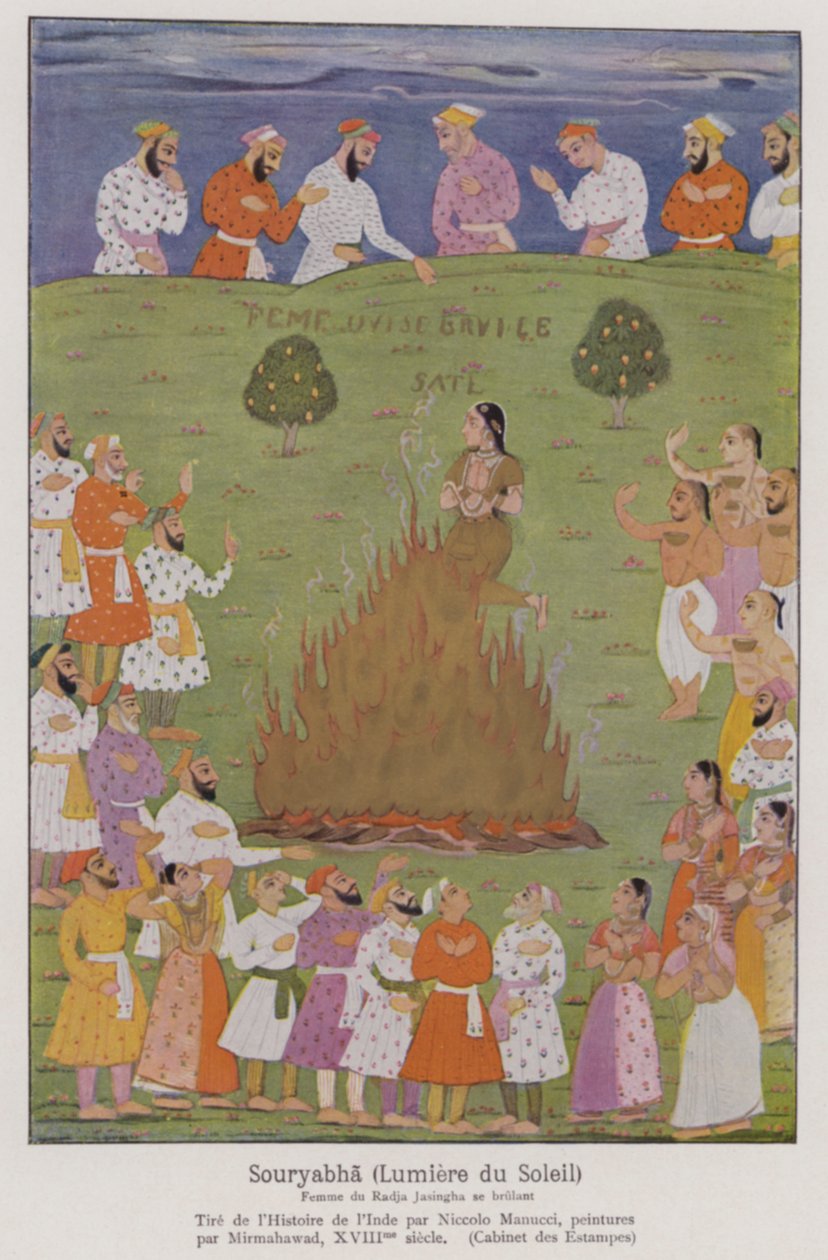 Sati, tradycja samospalenia wdowy na stosie pogrzebowym jej męża w Indiach (kolorowa litografia) autorstwa French School