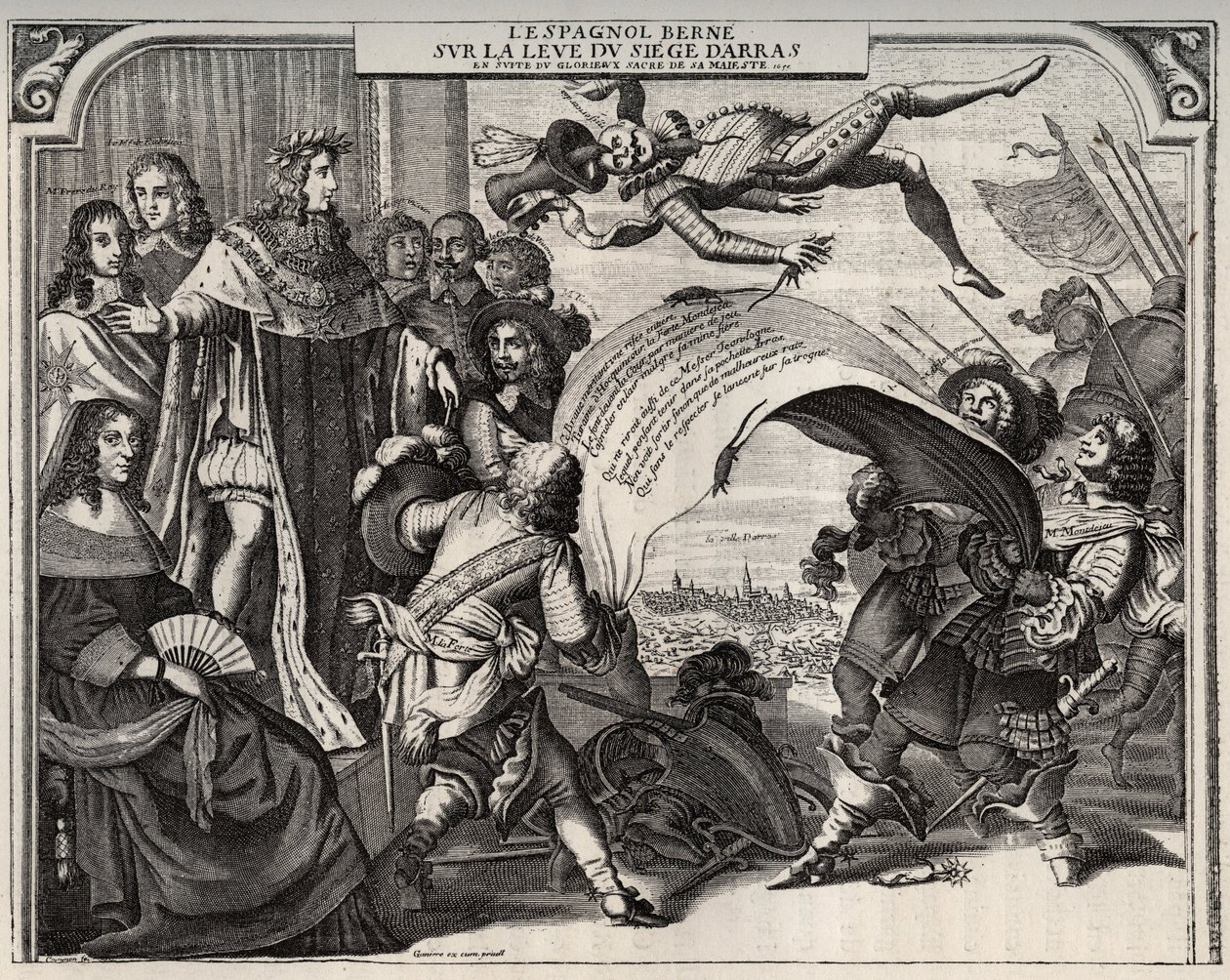 Satyryczna alegoria na temat powstania oblężenia Arras w 1654 roku po koronacji Ludwika XIV (1638-1715). W lewym dolnym rogu znajduje się królowa Anna z Austrii (1601-1666). Stojący obok Ludwika XIV, a po lewej stronie króla kardynał Jules Mazarin (1602-16 autorstwa French School