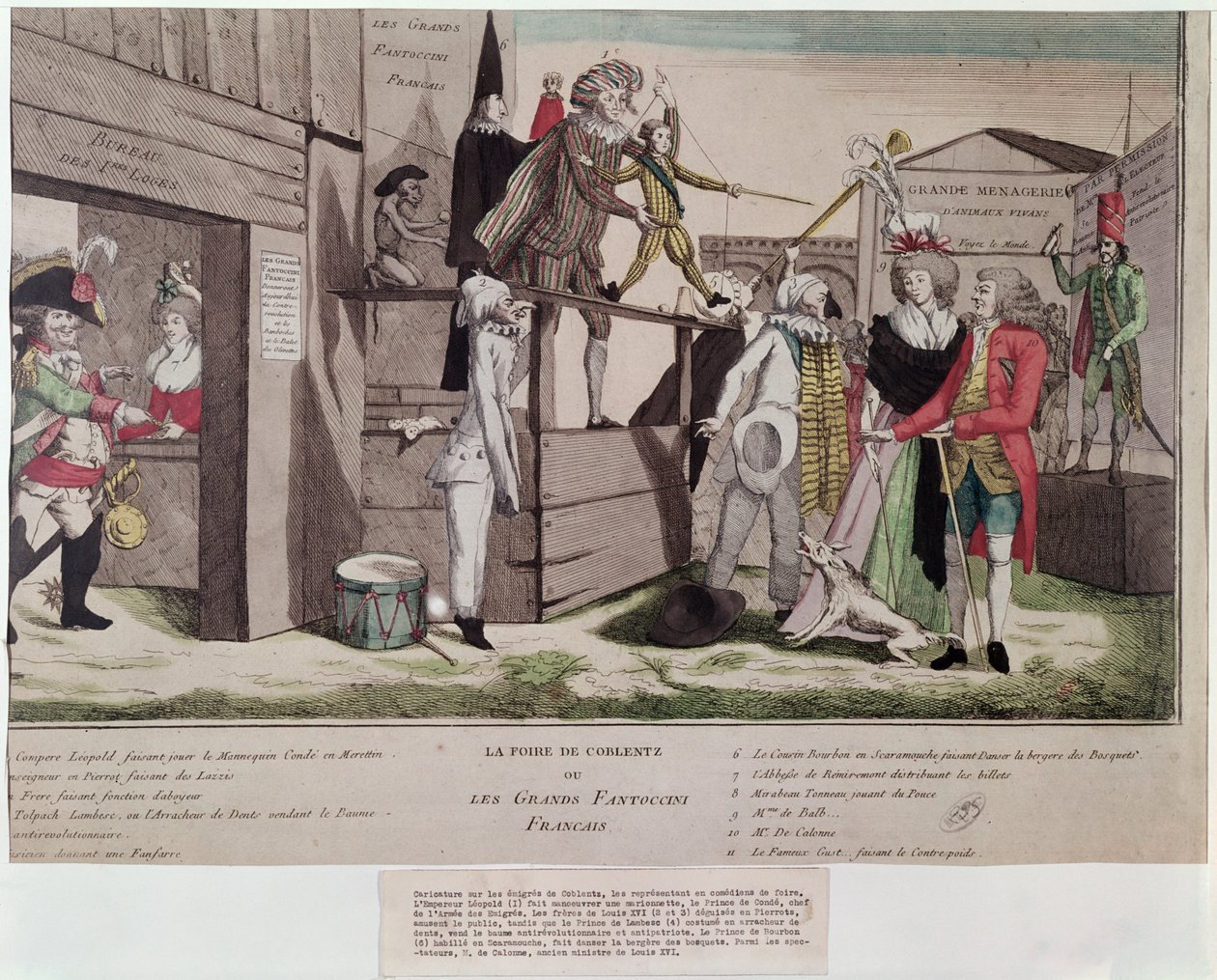 Karykatura satyryczna dotycząca francuskich emigrantów w Koblencji i Deklaracji Pillnitz, 1791 autorstwa French School