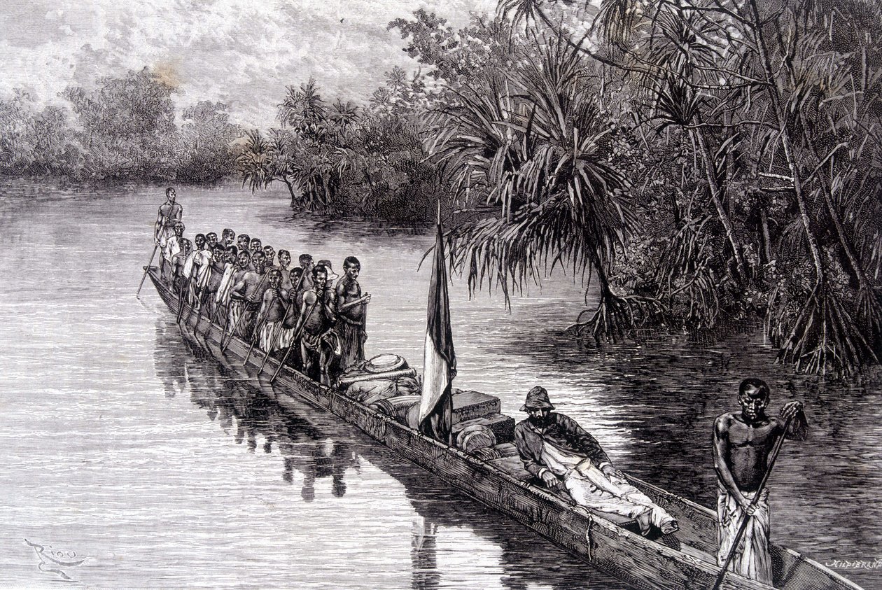 Savorgnan of Brazza w czółnie w pandanusie Afryki Zachodniej - w „Tour du Monde”, 2 tydzień 1887 autorstwa French School