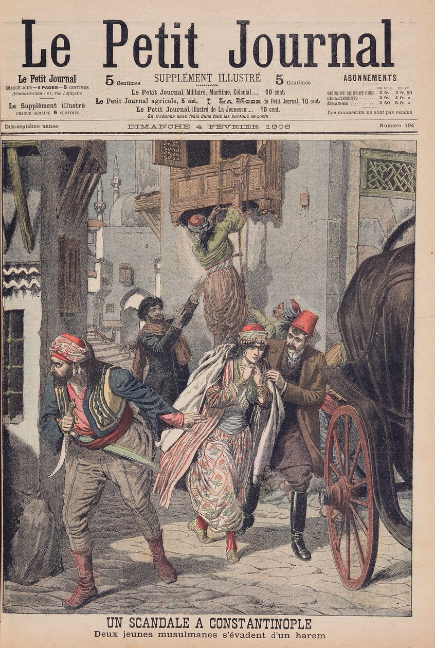 Skandal w Konstantynopolu, dwie młode muzułmanki uciekające z haremu, ilustracja z „Le Petit Journal”, 4 lutego 1906 autorstwa French School