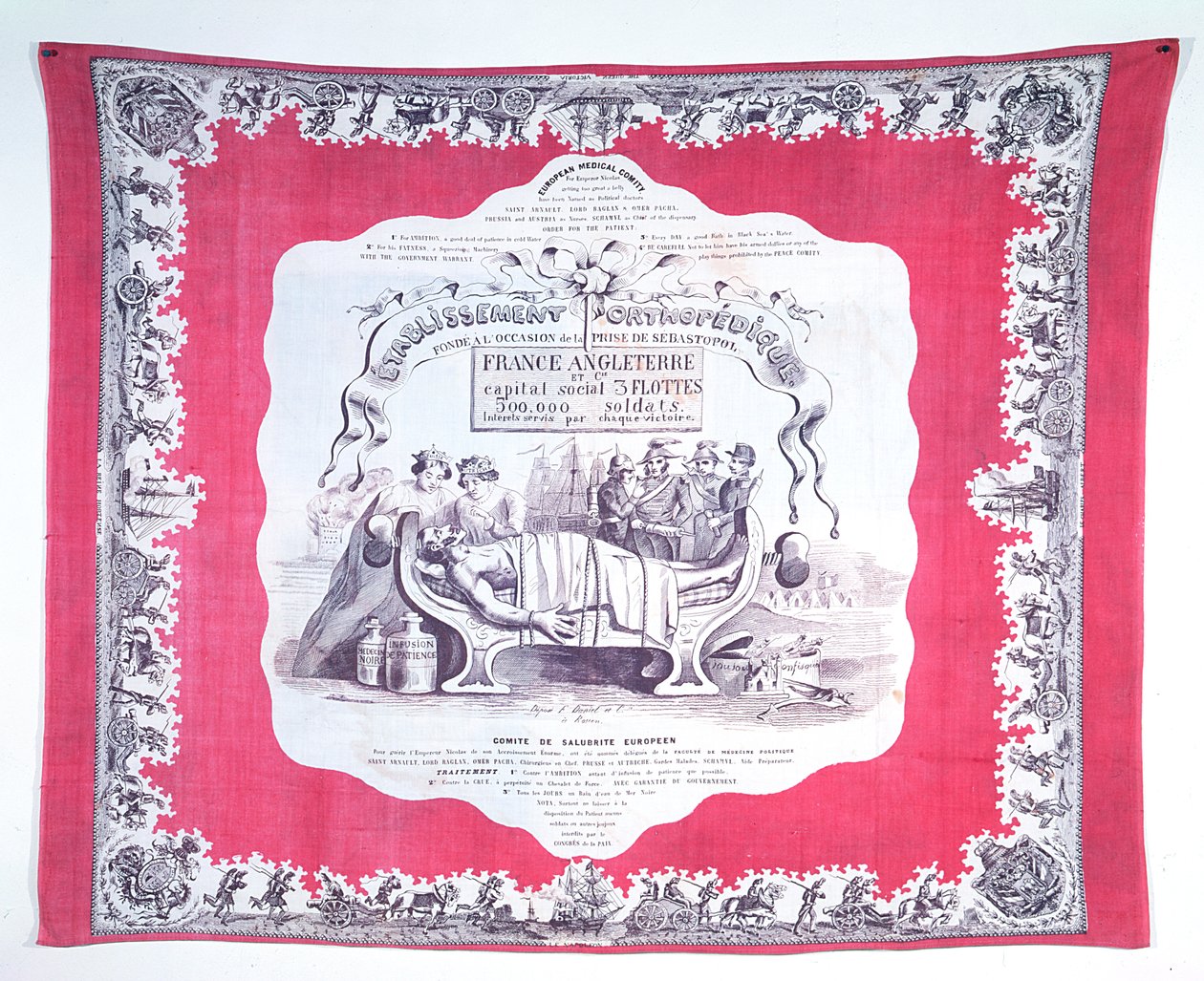 Apaszka karykaturująca Rosję dotkniętą chciwością i ambicją podczas wojny krymskiej, ok. 1856 (drukowany jedwab) autorstwa French School