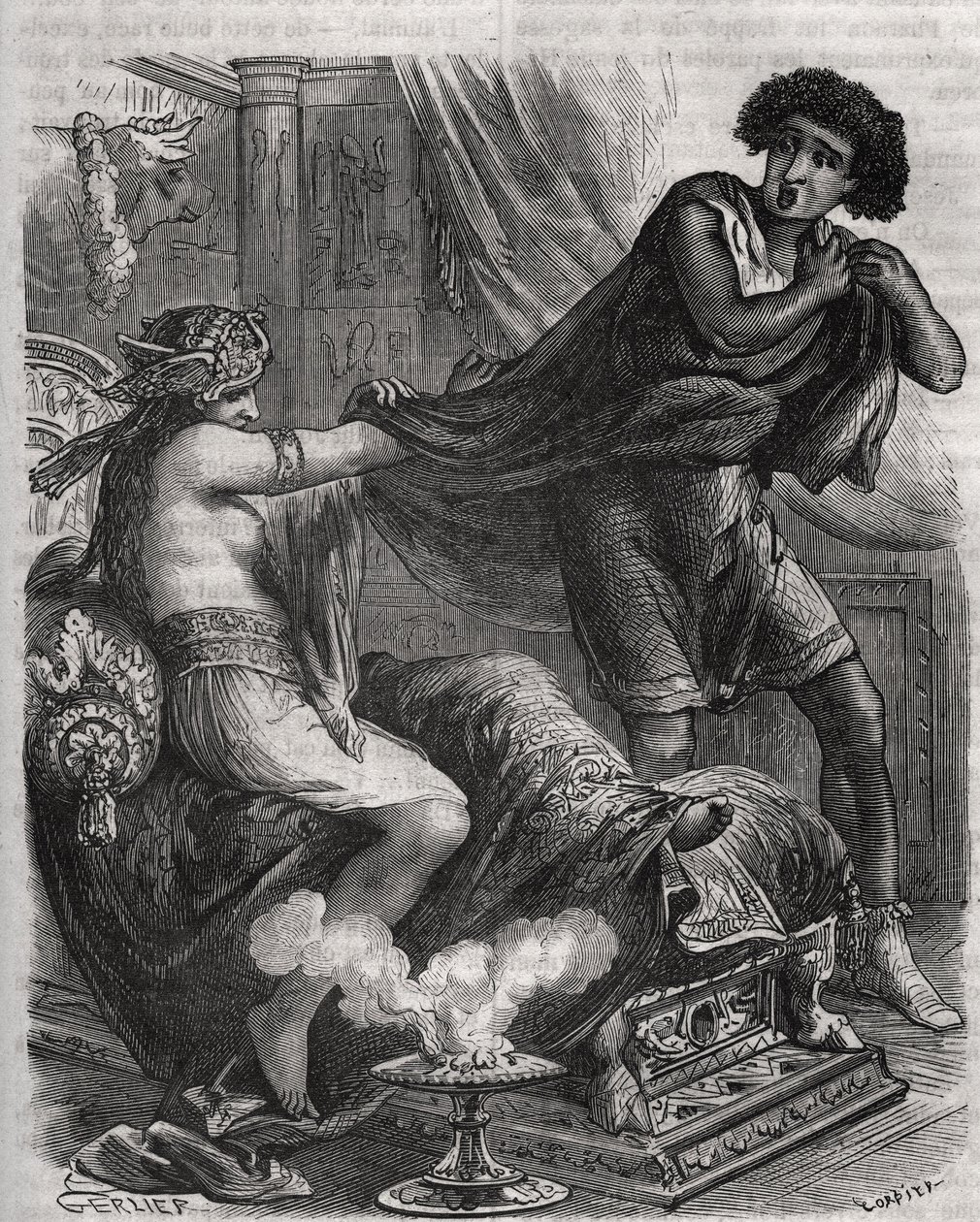 Scena z Biblii: „”Złapała za tunikę zbyt cnotliwego młodzieńca”””. Żona Putifara (Potifara) próbuje uwieść Józefa, niewolnika faraona. Grawer z 1871 r. w „Histoire Des Cocus Celebres” Henry