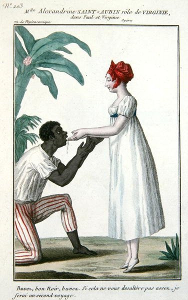 Scena z opery „Paul et Virginie” ukazująca Mademoiselle Alexandrine Saint-Aubin w roli „Virginie”, ok. 1820-30 (kolorystyka) autorstwa French School