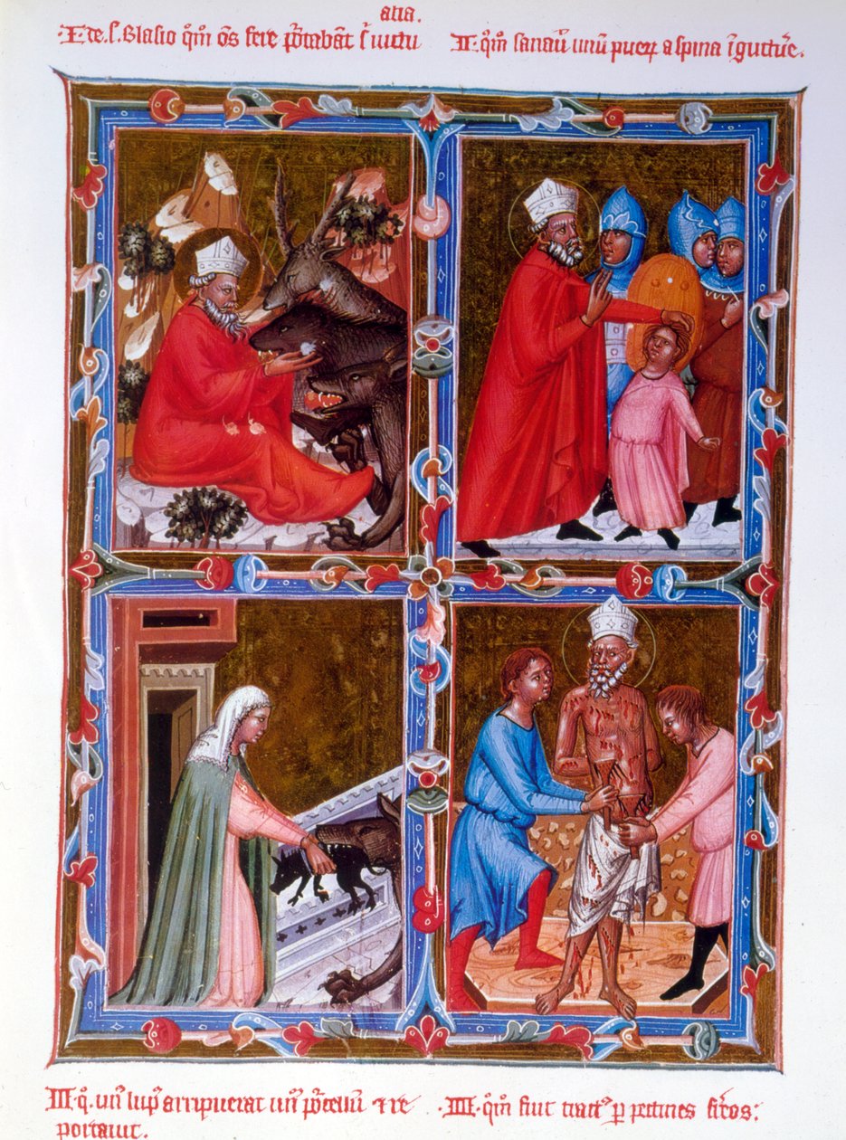 Sceny z życia św. Błażeja, faksymile XV-wiecznego rękopisu Legendaire des Anjou-Hongrie, szkoły bolońskiej autorstwa French School