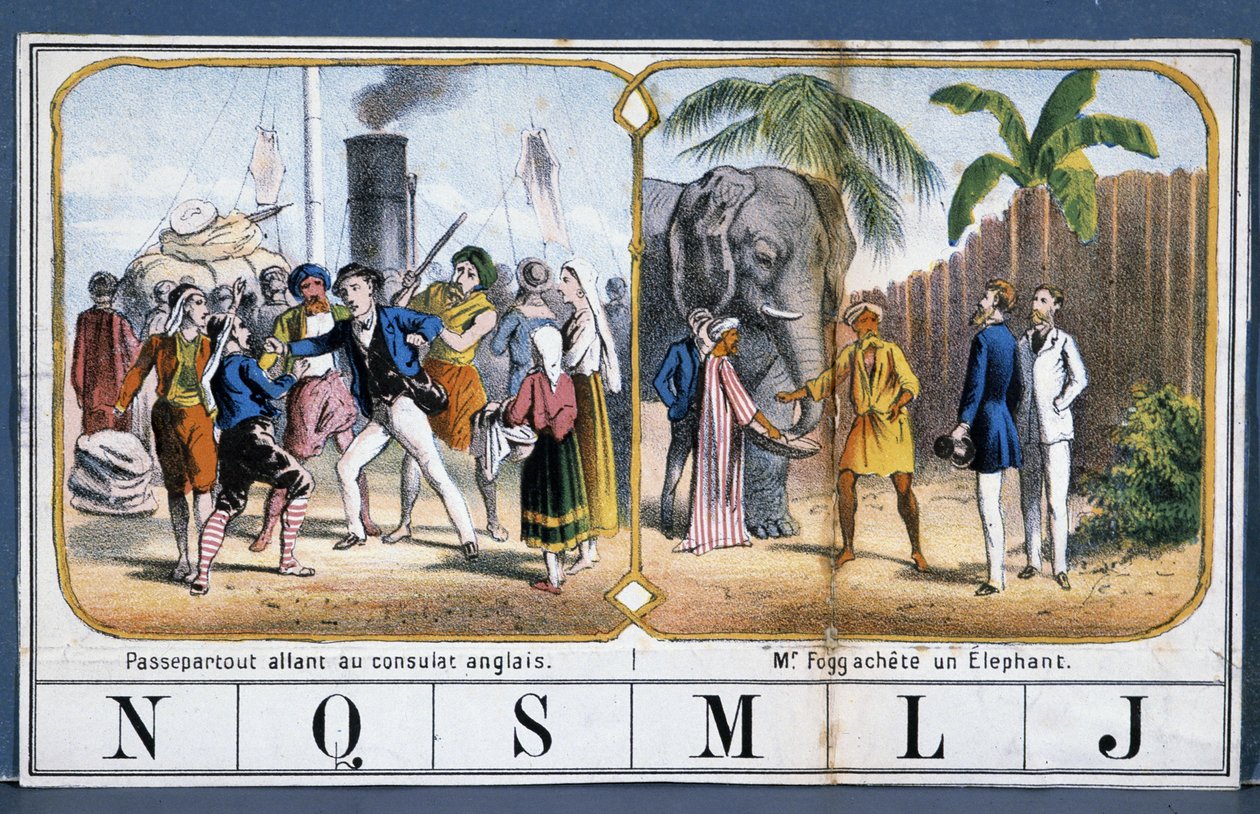 Sceny z Passepartout i Phileasem Foggiem w Indiach, il. z gry „The World Tour” Juliusza Verne’a, n.d. koniec XIX wieku. autorstwa French School