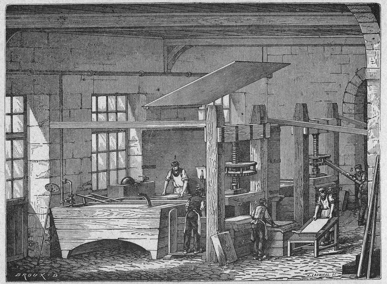 Nauka. Produkcja papieru. Papier czerpany. Rycina w: Wielcy ludzie i wielkie fakty przemysłowe, Francja, ok. 1880 r. (rycina) autorstwa French School