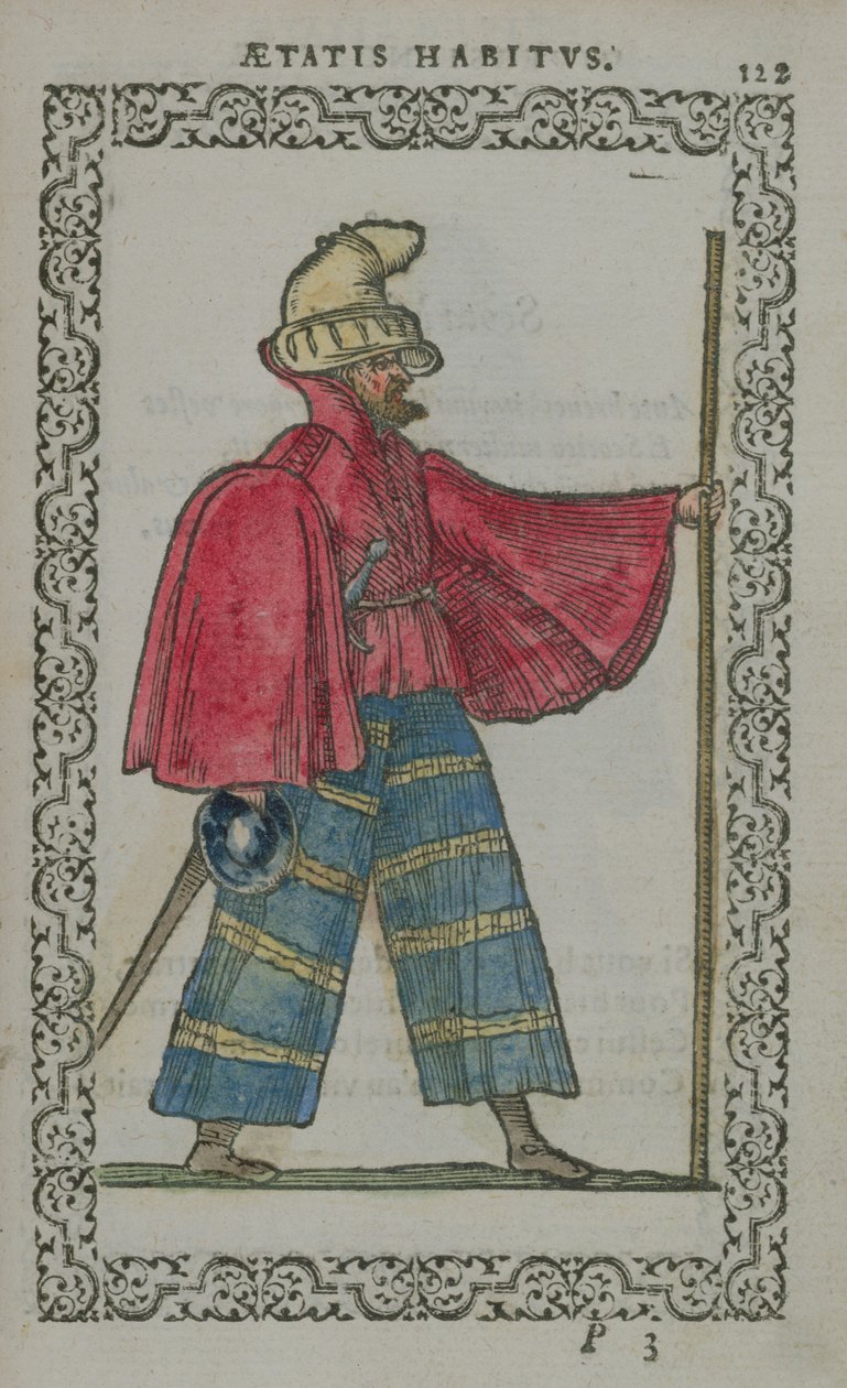 Szkot w stroju ludowym, z Costumes du Monde, wydane w Antwerpii, 1572 (kolorowe drzeworyty) autorstwa French School