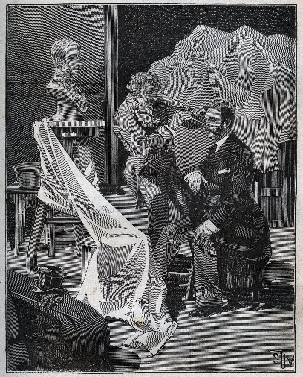 Rzeźba, warsztat rzeźbiarza, ognisko i rzeźba popiersia. Grawer z 1880 roku w „Les arts et metiers illustres” Adolphe BITARD. autorstwa French School