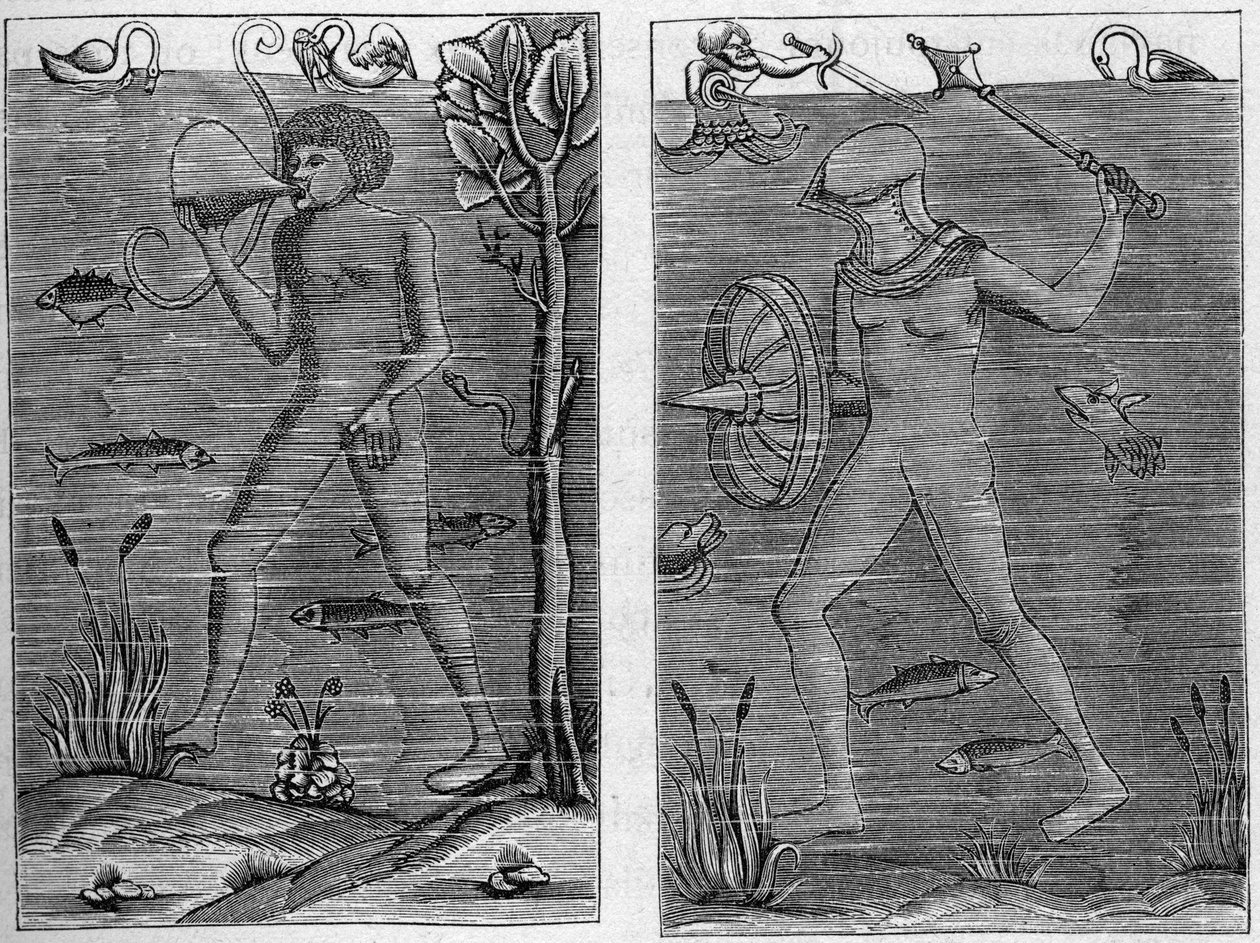 Żołnierz morski: nurek i człowiek broni. Ryciny z figur drewnianych z XVI wieku. W „La Marine et les colonies: handel” autorstwa French School