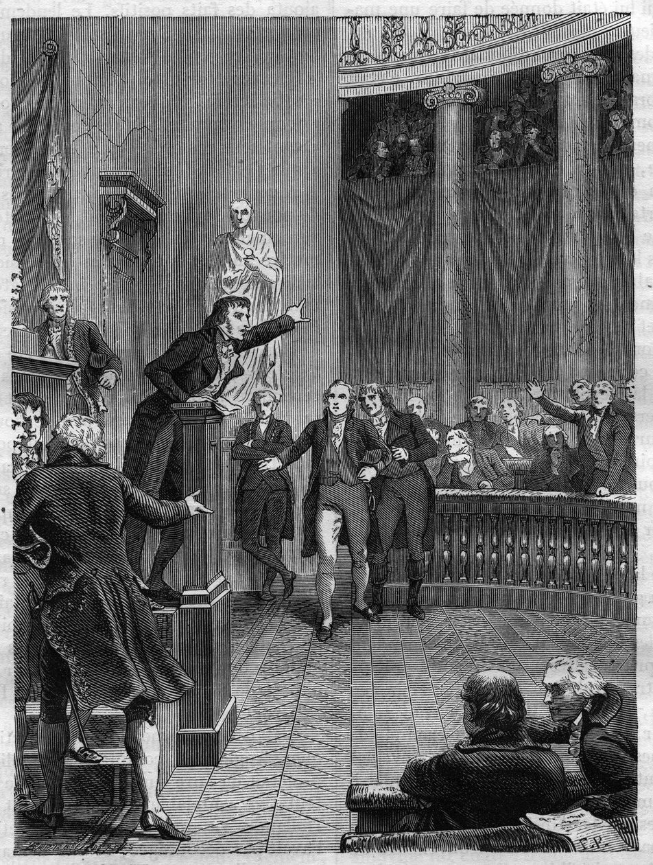 Seance du Tribunat: przemówienie Benjamina Constanta (1767-1830) na trybunie potępiającej reżim postawiony przez Napoleona, styczeń 1800 r. - Rycina z 1865 r. w „Histoire du Consulate et de l’Empire” Louisa Adolphe Thiersa – francuskiego polityka Benjamin  autorstwa French School