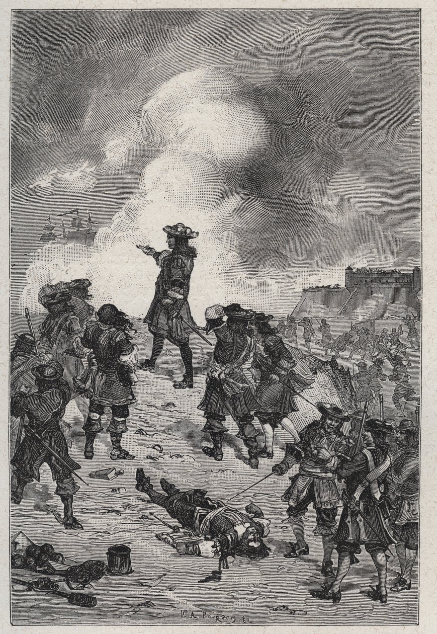 Sebastian Prestre lord Vauban (1633-1717), marszałek Francji broni Brześcia przed atakiem floty angielskiej w 1695 r. - rycina w „Les Hommes Celebres de la France” Louisa Dumasa 1889 autorstwa French School