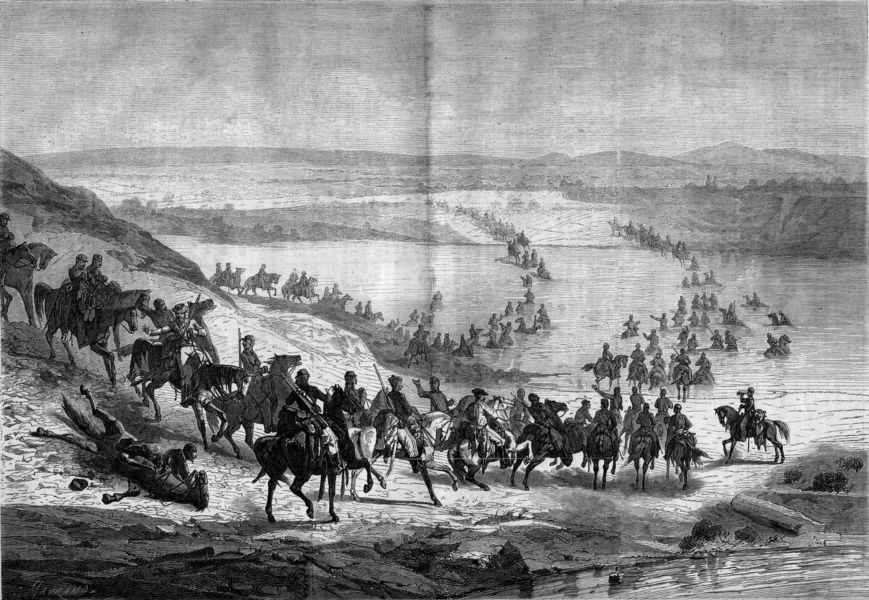 Wojna secesyjna (1861-1865) lub wojna secesyjna: przekroczenie Potomaku przez południową kawalerię generała Stuarta. Grawerowanie w „”Le Monde Illustré””n°293 z 22 listopada autorstwa French School