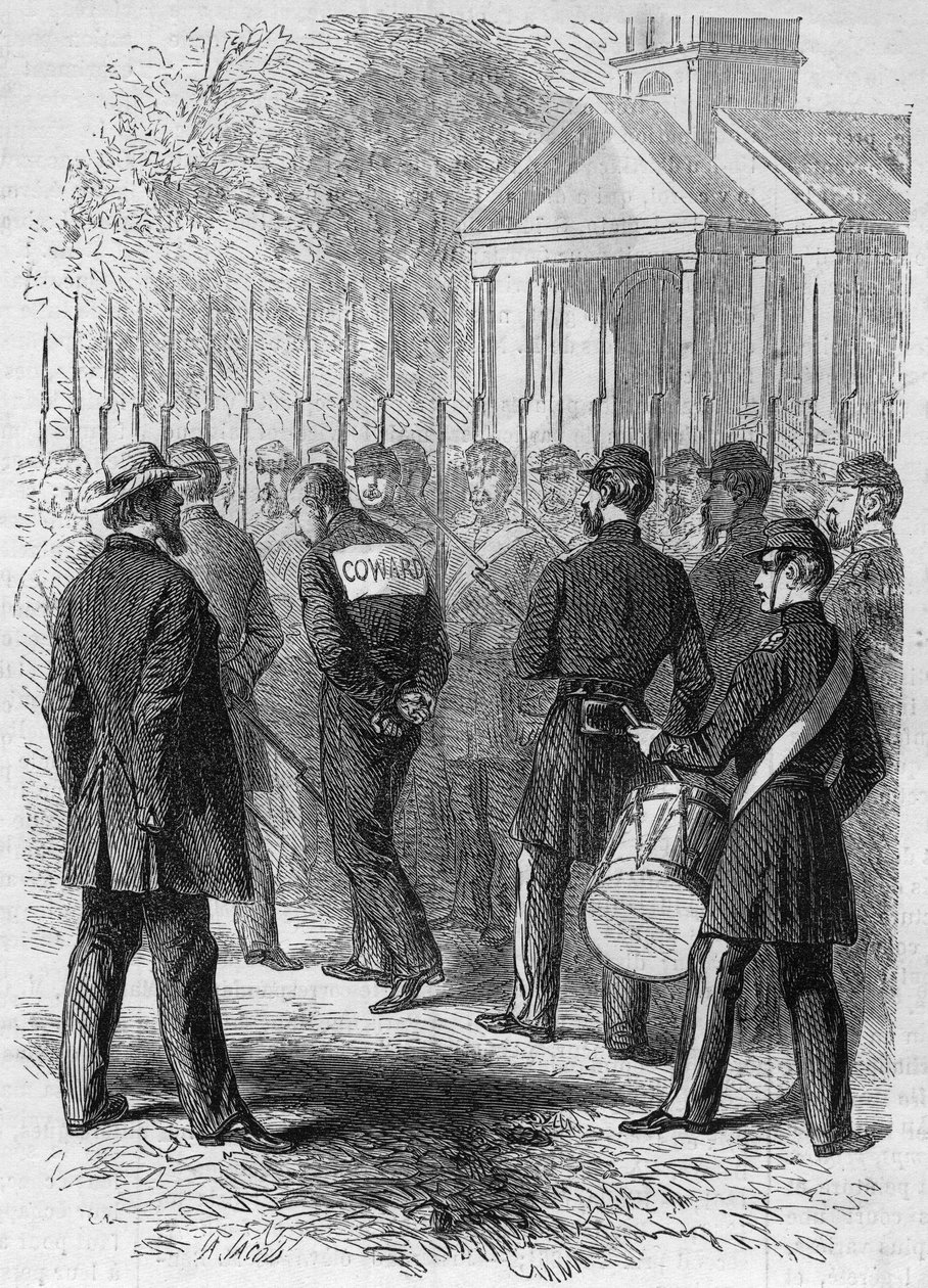 Wojna secesyjna (1861-1865) lub wojna secesyjna: kara dla żołnierza broni północnej oskarżonego o hete w walce. Ze związanymi rękami, z napisem „Lache” na plecach, na dźwięk bębna przemierza obóz. Grawerowanie w „” Le Monde Illustré”” n° autorstwa French School