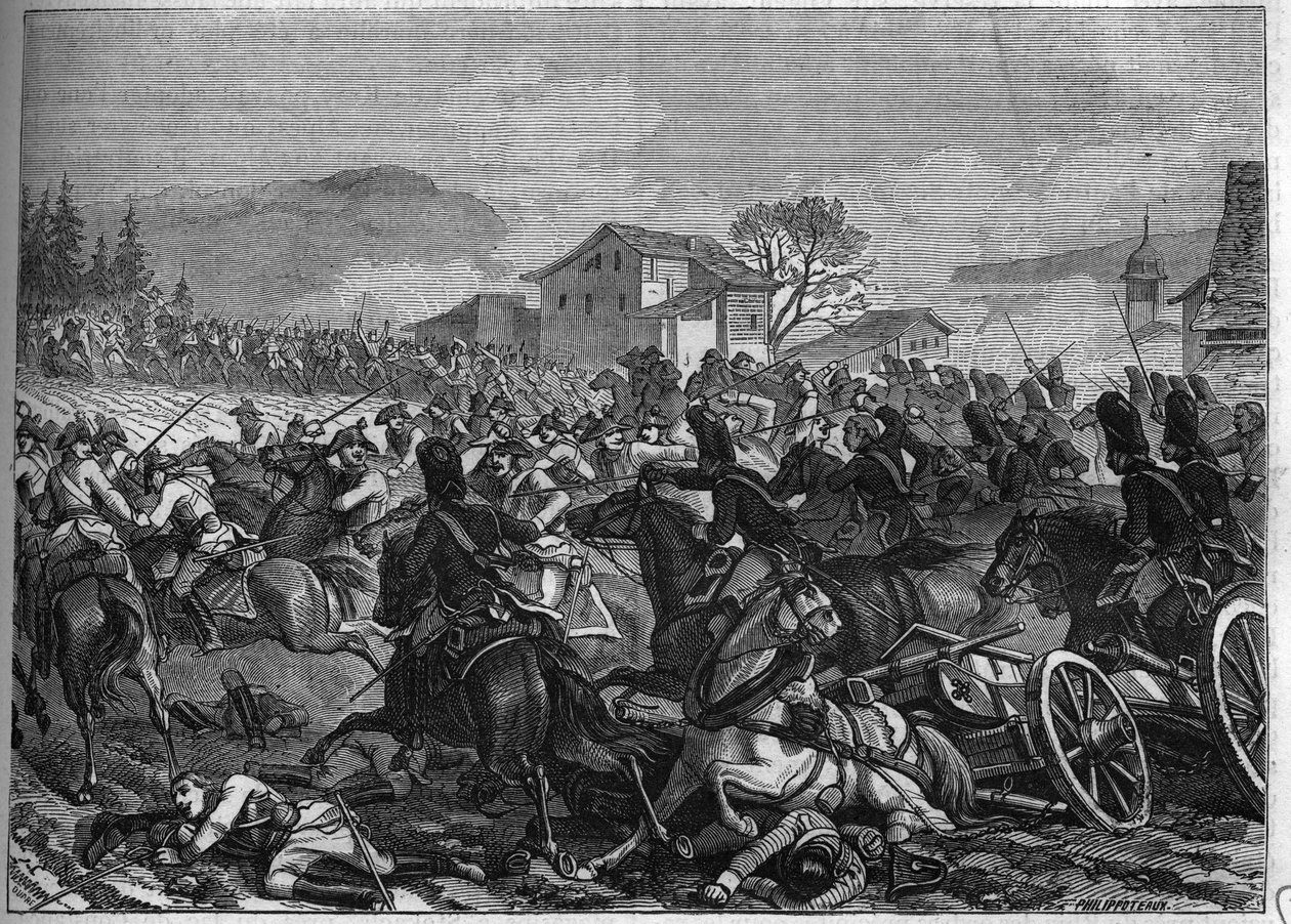 Druga Koalicja (1798-1800): Bitwa pod Stockach 3 maja 1800 przeciwko Francji i Austrii - Rycina z 1865 w „Histoire du Consulate et de l