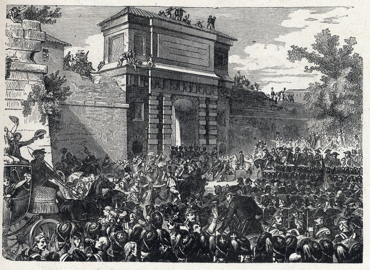 Druga koalicja: bitwa pod Hohenlinden (niedaleko Monachium, Niemcy) 12 Frimaire roku IX (3 grudnia 1800) pomiędzy francuskimi oddziałami generała Jean Victor (Jean-Victor) Moreau a siłami austriackimi i bawarskimi dowodzonymi przez arcyksięcia Jeana Baptis autorstwa French School