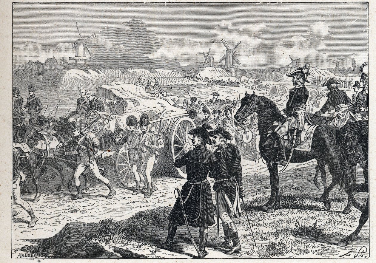 Druga koalicja: armia francuska pod dowództwem Marechala Brune zwyciężyła w Holandii w październiku 1799 z angielskimi oddziałami księcia Yorku. autorstwa French School