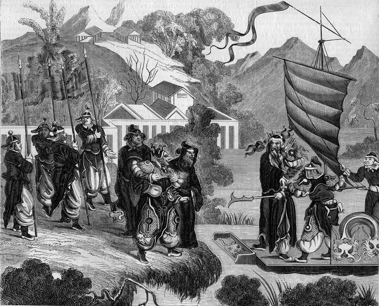 Druga wojna opiumowa między Francją a Anglią i Chinami (1858-1860): chińska karykatura konfliktu. Łódź jest gotowa do podpłynięcia do wybrzeża pod szyderczym spojrzeniem grupy Chińczyków. Na pokładzie łodzi dwie postacie reprezentujące Francję (po lewej) i autorstwa French School
