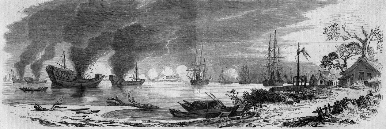 Druga wojna opiumowa między Francją a Anglią i Chinami (1858-1860): chińskie dżonki załadowane materiałami zapalającymi wystrzelone przeciwko flocie angielskiej i francuskiej. Chiny autorstwa French School