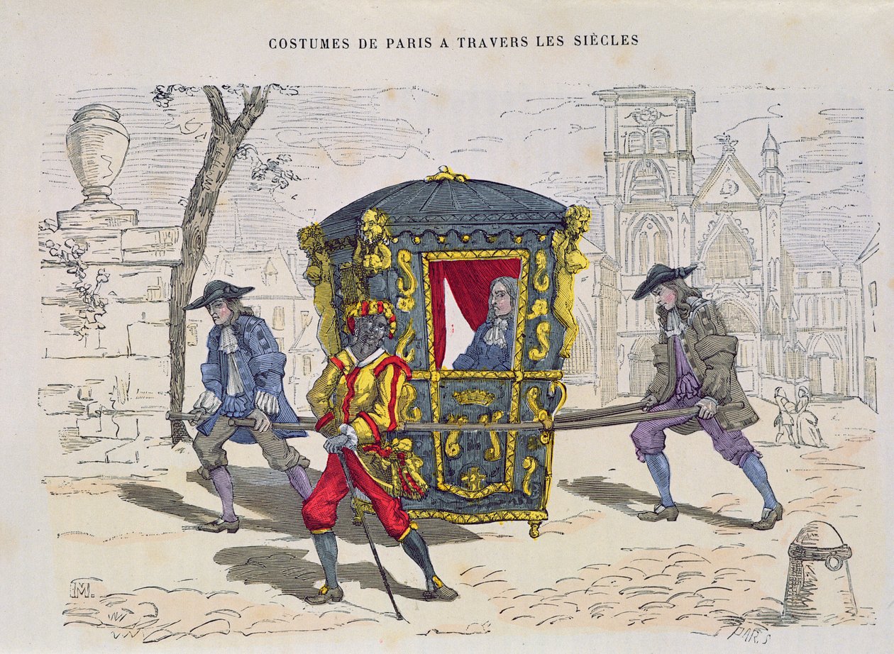 Krzesło Sedan w XVI wieku, z Costumes de Paris a Travers les Siecles, wydane 1887 (kolorowe grawerowanie) autorstwa French School