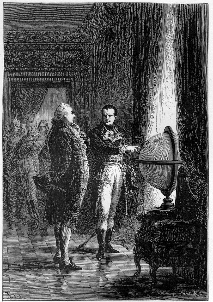 Zobacz, jakie masz małe miejsce na świecie - NAPOLEON BONAPARTE, pierwszy konsul, zwiedzający sale Luwru z Charlesem Jamesem Foxem (1749-1806), brytyjskim mężem stanu, w 1801 r. - rycina w „L