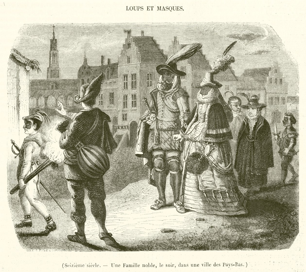 XVI wiek, Szlachecka rodzina wieczorem w mieście w Holandii (rycina) autorstwa French School