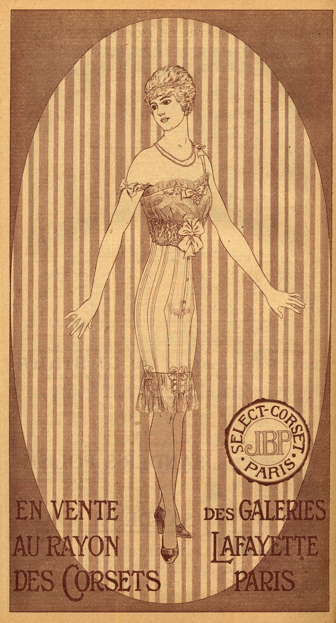 Wybierz gorset JPB do sprzedaży w dziale gorsetów Galeries Lafayette w Paryżu - 1914 autorstwa French School