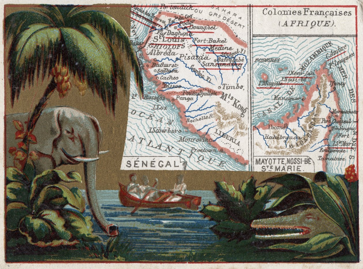 Senegal, Majotta, Wyspa Mariacka, Nossi Be (Nossi-be lub Nosy-be lub Nosy be), Afryka. Słoń, krokodyl i łódź w rzece. Seria o koloniach francuskich. Chromolitografia (Chromo) „”nić geograficzna””, ok. 1920 r. Zbiory prywatne. autorstwa French School
