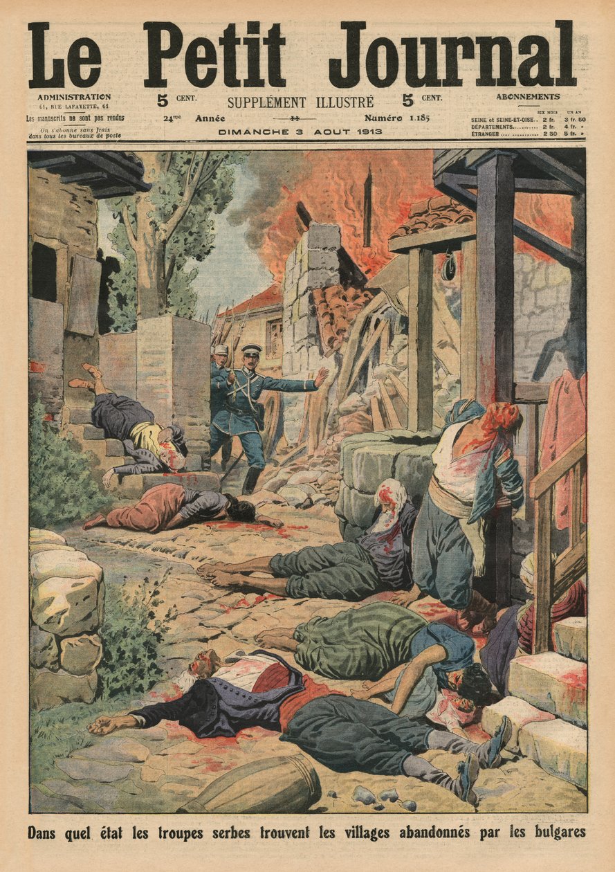 Wojska serbskie przybywające do opuszczonych przez Bułgarów wsi, ilustracja na okładce z „Le Petit Journal”, dodatek ilustr., 3 sierpnia 1913 autorstwa French School