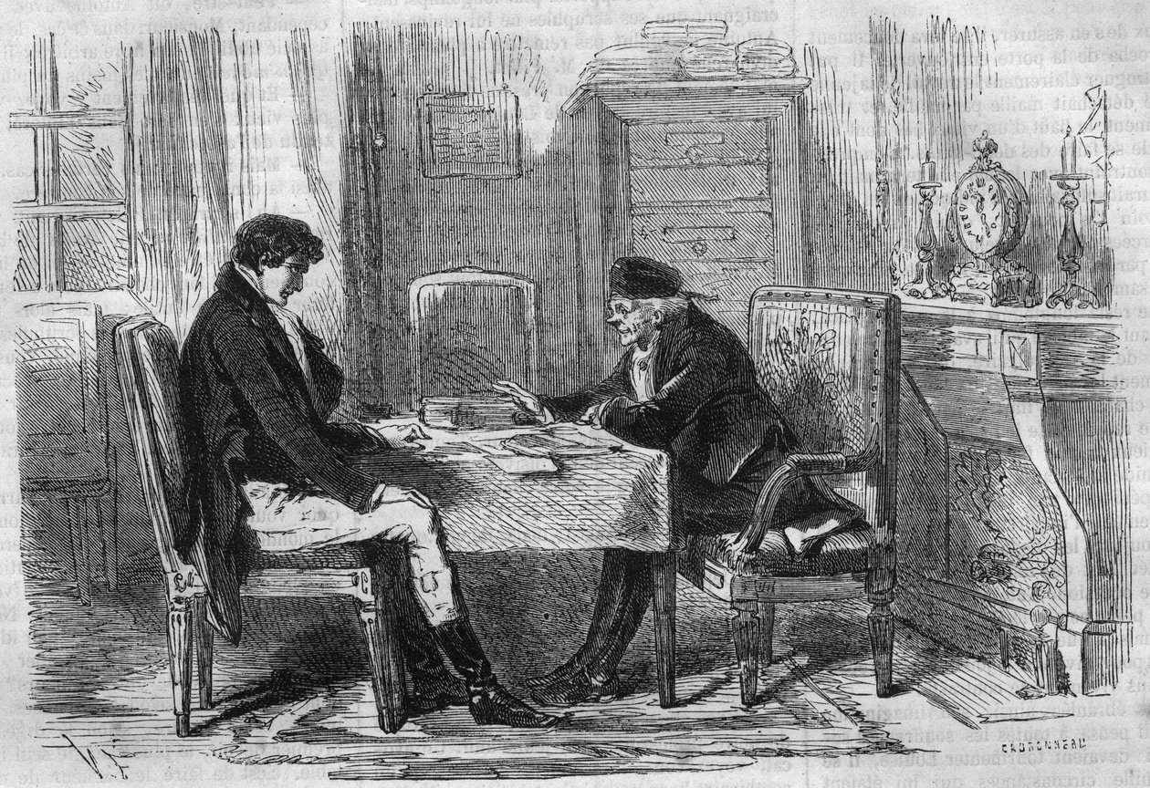 Seria powieści: „Bogaci i biedni” Emile Souvestre (1806-1854). Dwóch mężczyzn mówi: „Skruple nigdy nikogo nie torturowały”. Grawer w „”Les bons romance”” autorstwa French School
