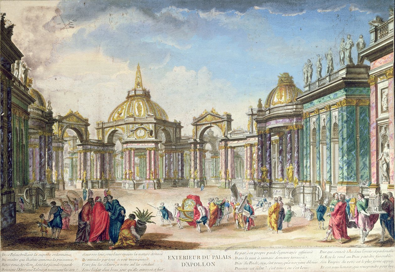 Scenografia na zewnątrz pałacu Apollos, opublikowana w Paryżu, 1748 autorstwa French School