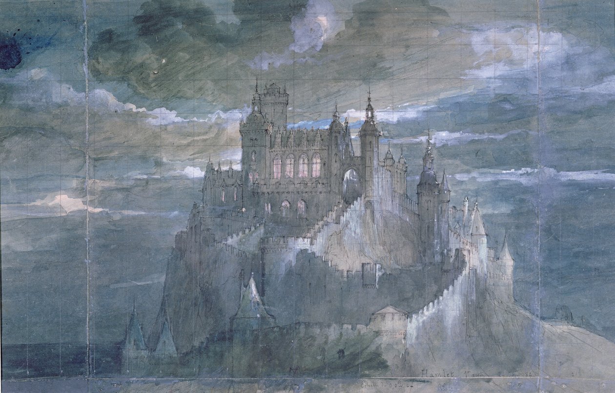 Scenografia do inscenizacji Hamleta (Akt I) w Komedii Francuskiej, 1884 (wc na papierze) autorstwa French School