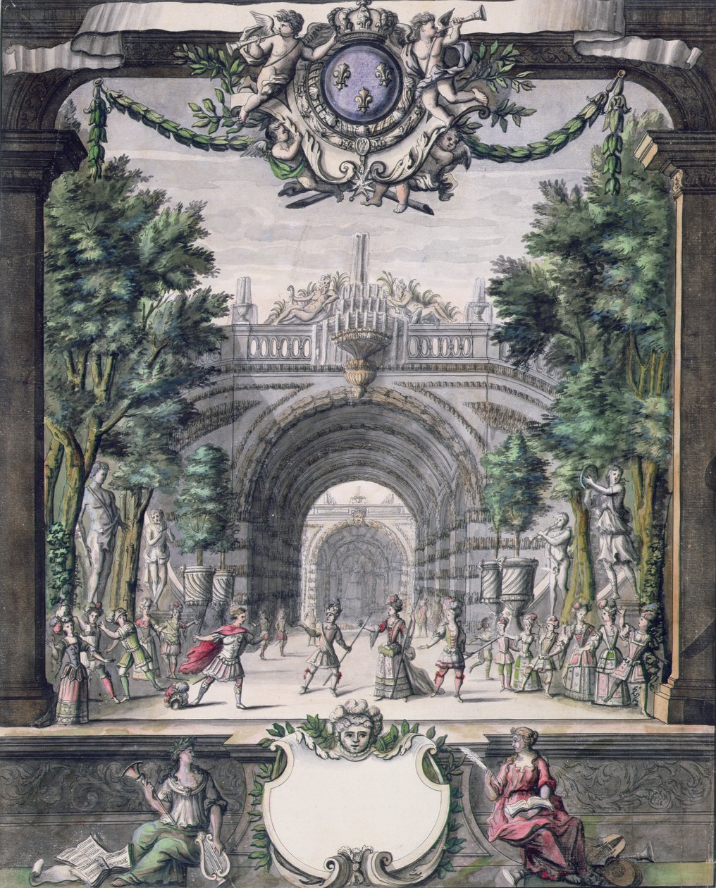 Scenografia do niezidentyfikowanego baletu, zaczerpnięta z kolekcji Menus Plaisirs du Roi (pióro i atrament oraz wc na papierze) autorstwa French School