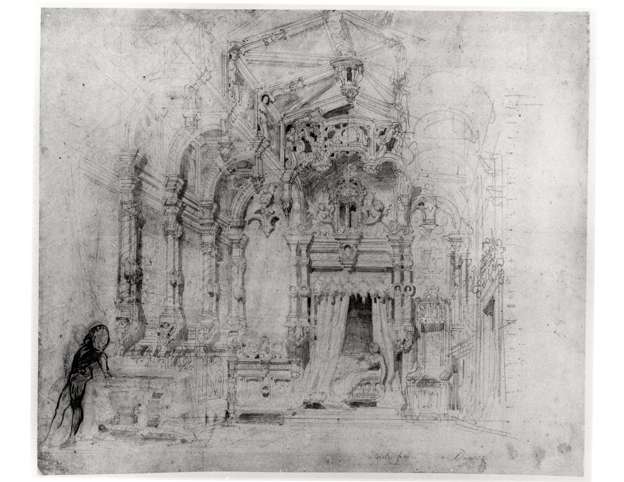 Scenografia do pierwszej inscenizacji Angelo, tyran de Padoue Victora Hugo (1802-85), 1835 (pióro i atrament na papierze) autorstwa French School