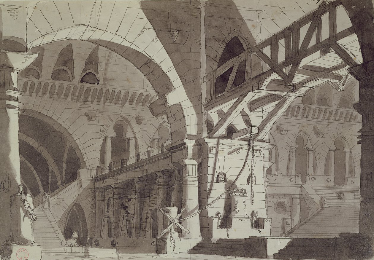Scenografia w stylu rysunków więziennych Piranesis, ok. 1800 (pióro, tusz i wash) autorstwa French School