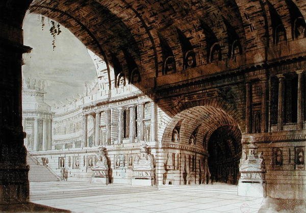 Scenografia inspirowana starożytnością, ok. 1800 (pióro i tusz oraz akwarela na papierze) autorstwa French School