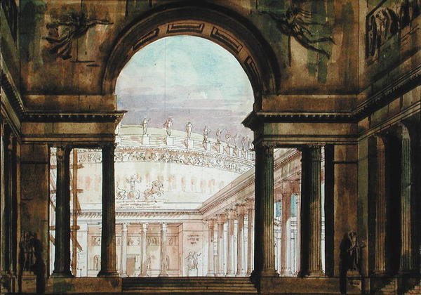 Scenografia inspirowana starożytnością, ok. 1800 (pióro i tusz oraz akwarela na papierze) autorstwa French School