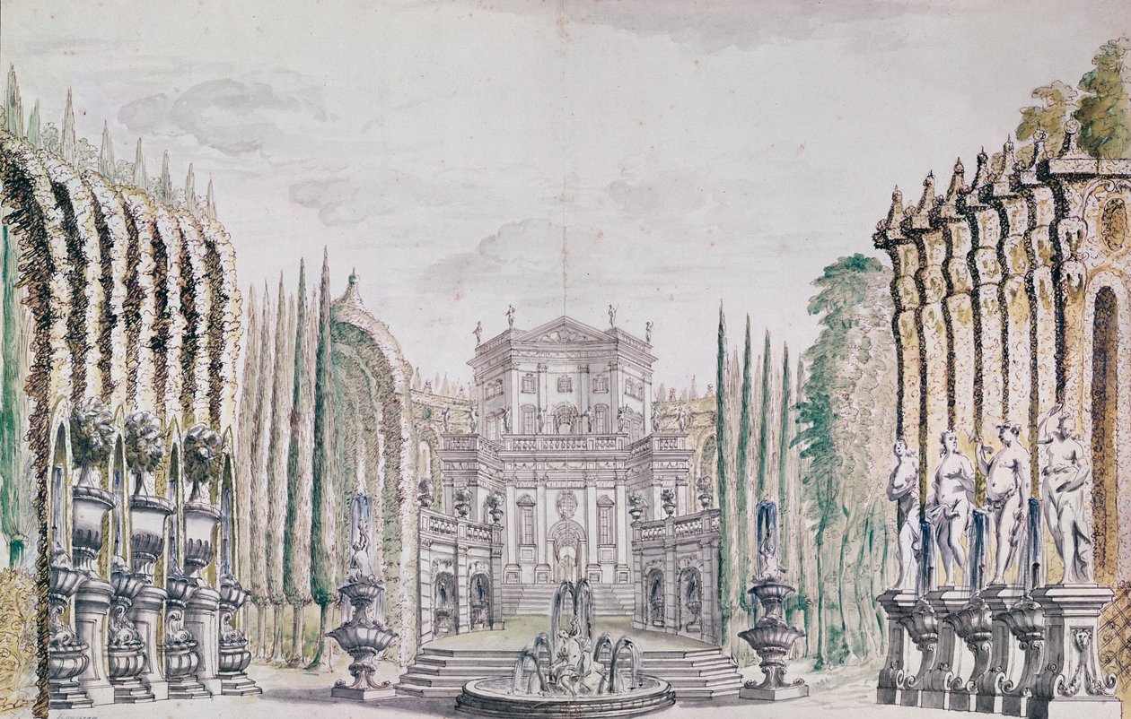 Scenografia pałacu dla teatru, ok. 1660-80 (pióro i atrament oraz wc na papierze) autorstwa French School
