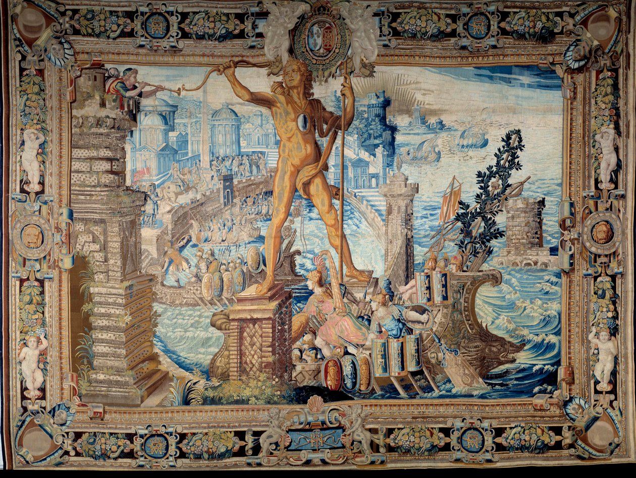 Siedem cudów świata: Kolos z Rodos (posąg Heliosa). Gobelin wykonany przez pracownię Gobelinów. XVII-wieczny Paryż, Musee des Gobelins autorstwa French School