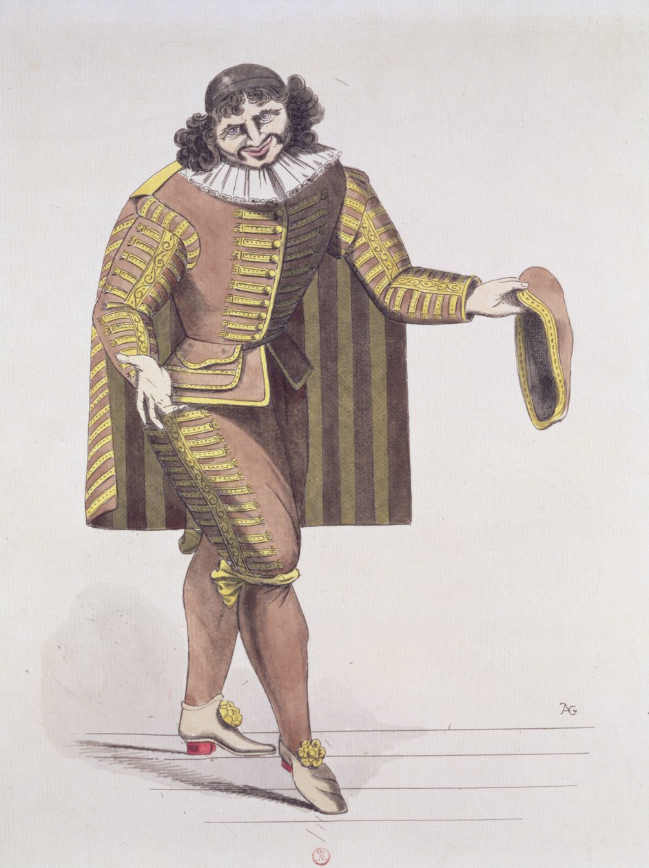 Sganarelle w LEcole des Maris Moliera, premiera 24 czerwca 1661 w Palais-Royal Theatre w Paryżu (pióro, atrament i toaleta na papierze) autorstwa French School