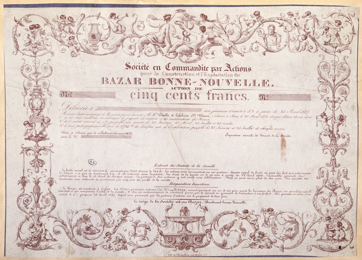 Certyfikat akcji na 500 franków dla Bazar Bonne-Nouvelle, 1836 autorstwa French School